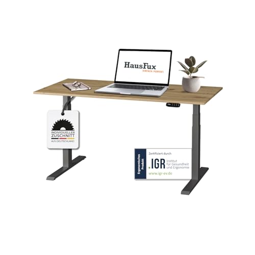 Hausfux Höhenverstellbarer Schreibtisch auf Maß - inkl. 2,5 cm starker, maßgefertigter Tischplatte - 2- oder 3-stufiges Gestell, OLED-Touchpanel (Artisan Eiche & Schwarz, 3-stufig, 150 x 70 cm) von Hausfux