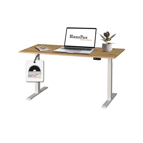 Hausfux Höhenverstellbarer Schreibtisch auf Maß - inkl. 2,5 cm starker, maßgefertigter Tischplatte - 2- oder 3-stufiges Gestell, OLED-Touchpanel (Artisan Eiche & Weiß, 2-stufig, 160 x 80 cm) von Hausfux