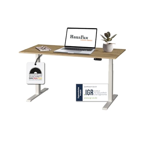 Hausfux Höhenverstellbarer Schreibtisch auf Maß - inkl. 2,5 cm starker, maßgefertigter Tischplatte - 2- oder 3-stufiges Gestell, OLED-Touchpanel (Artisan Eiche & Weiß, 3-stufig, 130 x 60 cm) von Hausfux