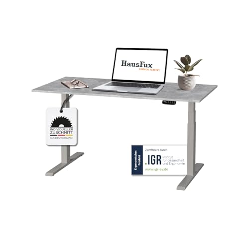 Hausfux Höhenverstellbarer Schreibtisch auf Maß - inkl. 2,5 cm starker, maßgefertigter Tischplatte - 2- oder 3-stufiges Gestell, OLED-Touchpanel (Bellato Grau & Grau, 3-stufig, 150 x 80 cm) von Hausfux