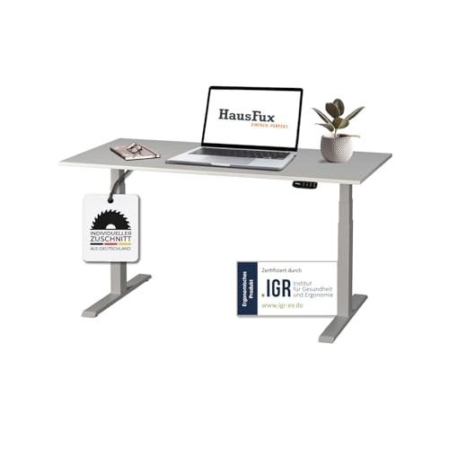 Hausfux Höhenverstellbarer Schreibtisch auf Maß - inkl. 2,5 cm starker, maßgefertigter Tischplatte - 2- oder 3-stufiges Gestell, OLED-Touchpanel (ICY White & Grau, 3-stufig, 150 x 80 cm) von Hausfux
