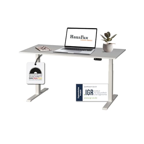 Hausfux Höhenverstellbarer Schreibtisch auf Maß - inkl. 2,5 cm starker, maßgefertigter Tischplatte - 2- oder 3-stufiges Gestell, OLED-Touchpanel (ICY White & Weiß, 3-stufig, 140 x 80 cm) von Hausfux