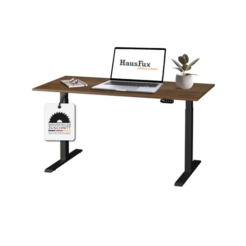 Hausfux Höhenverstellbarer Schreibtisch auf Maß - inkl. 2,5 cm starker, maßgefertigter Tischplatte - 2- oder 3-stufiges Gestell, OLED-Touchpanel (Madison Walnuss & Schwarz, 2-stufig, 160 x 80 cm) von Hausfux