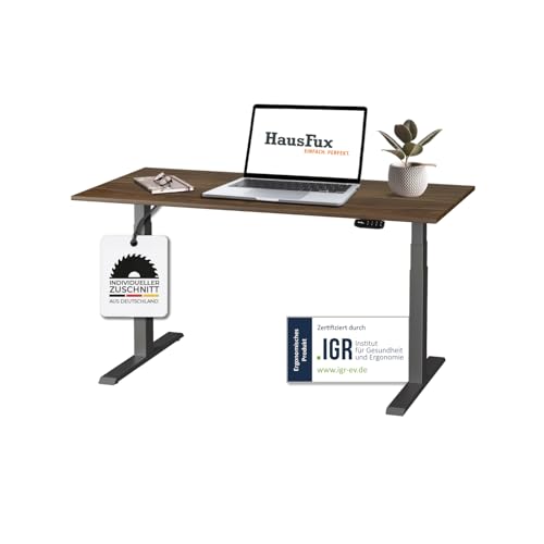 Hausfux Höhenverstellbarer Schreibtisch auf Maß - inkl. 2,5 cm starker, maßgefertigter Tischplatte - 2- oder 3-stufiges Gestell, OLED-Touchpanel (Madison Walnuss & Schwarz, 3-stufig, 140 x 80 cm) von Hausfux