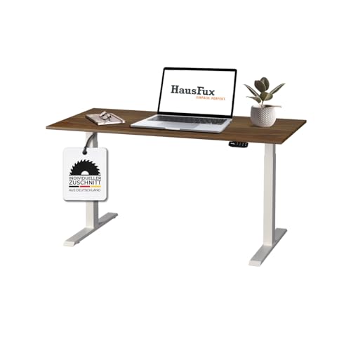 Hausfux Höhenverstellbarer Schreibtisch auf Maß - inkl. 2,5 cm starker, maßgefertigter Tischplatte - 2- oder 3-stufiges Gestell, OLED-Touchpanel (Madison Walnuss & Weiß, 2-stufig, 140 x 70 cm) von Hausfux