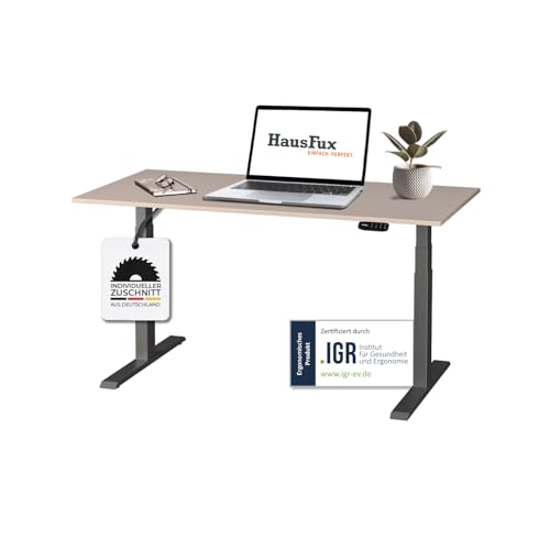 Hausfux Höhenverstellbarer Schreibtisch auf Maß - inkl. 2,5 cm starker, maßgefertigter Tischplatte - 2- oder 3-stufiges Gestell, OLED-Touchpanel (Sandbeige & Schwarz, 3-stufig, 160 x 70 cm) von Hausfux