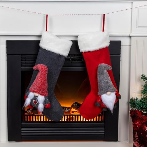 Haushalt International 2er Set Nikolausstiefel zum Befüllen und Aufhängen 50x25 cm - Weihnachtsstrumpf / Nikolausstrumpf mit 3D Wichtel - Christmas Stockings / Weihnachtssocken Kamin Geschenktasche von Haushalt International