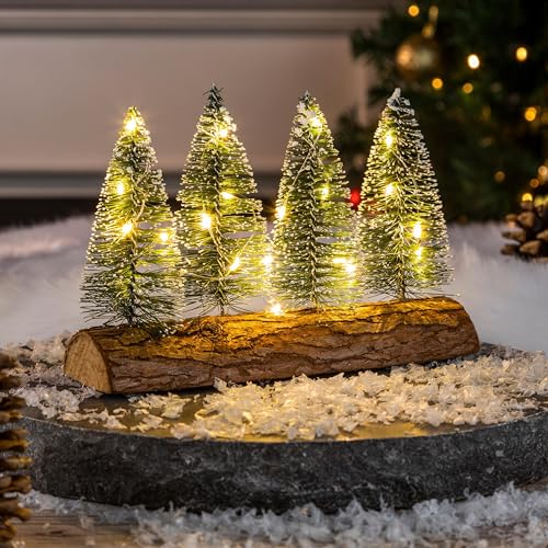 4 Mini Weihnachtsbäume auf Baumstamm mit 20 LEDs - künstlicher Weihnachtsbaum/Tannenbaum mit Lichterkette & Schneeeffekt - Perfekt als Weihnachtsdeko basteln, Tischdeko & Fensterdeko - Weihnachten von Haushalt International