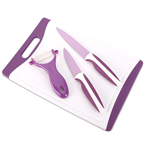 4 tlg. Messer Set 2 Küchenmesser + 1 Schäler + 1 Brettchen lila von Haushalt International