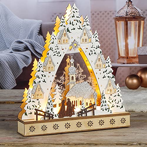 Haushalt International Beleuchtete LED Holz Weihnachtsstadt 3D Optik Schwibbogen 10 LED warmweiß Natur Weihnachtsdorf Weihnachtsszene Silhouette Lichterbogen von Haushalt International