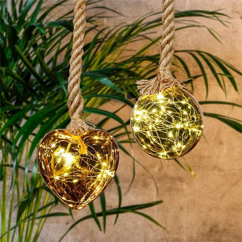 Haushalt International Dekokugel LED Glas Dekoration mit Seil Kugel oder Herz, Juteseil - Länge: ca. 60 cm, aus Glas von Haushalt International