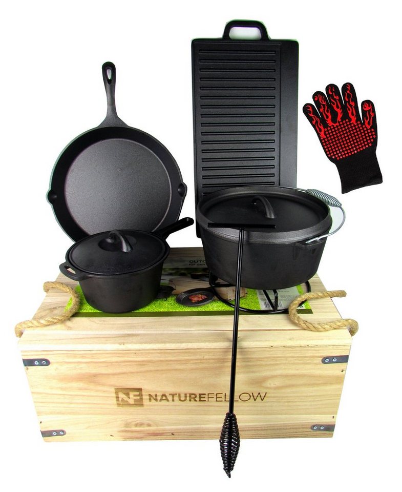 Haushalt International Holzkohlegrill 10-teiliges Dutch-Oven-Set, – viel Zubehör – inkl. Grillhandschuh, – Gusseisen – bereits eingebrannt von Haushalt International