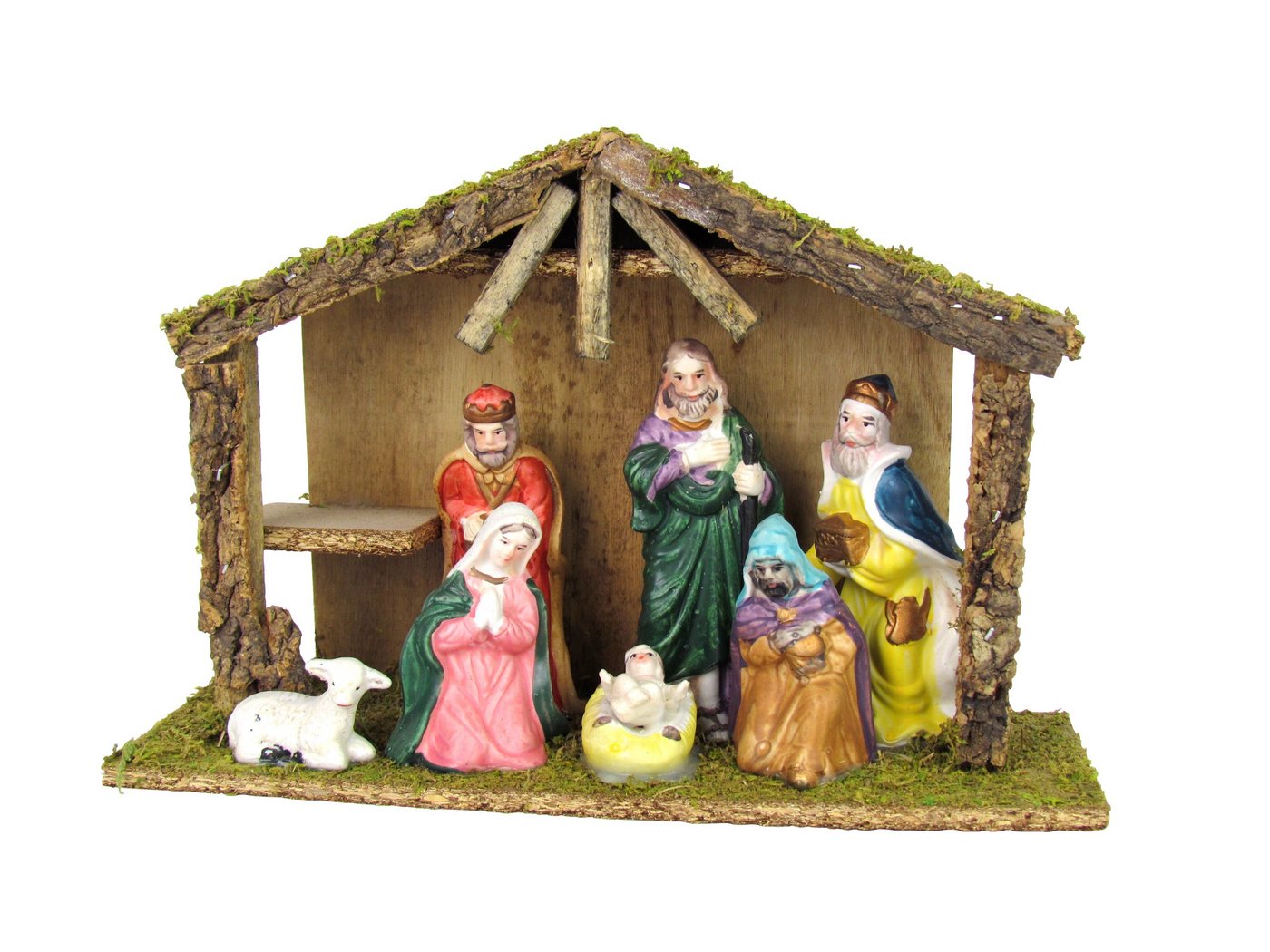 Haushalt International Krippe XL Weihnachtskrippe aus Holz mit 7 Figuren aus Porzellan - 30x10x21cm von Haushalt International