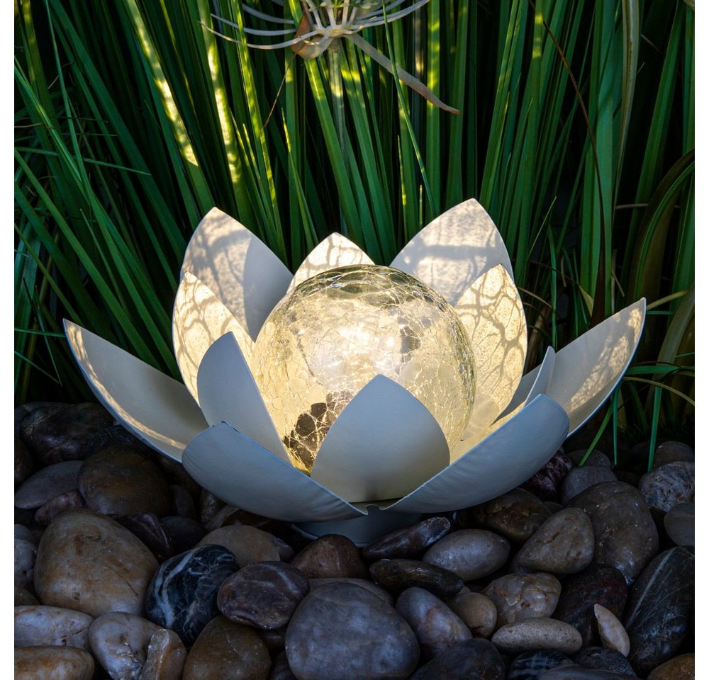 Haushalt International LED Solarleuchte Lotusblüte, Gartenleuchte, Dekoleuchte, freistehend, LED fest integriert, Tageslichtweiß, mit 1 warmweißen LED, Kugel aus Crackle-Glas von Haushalt International