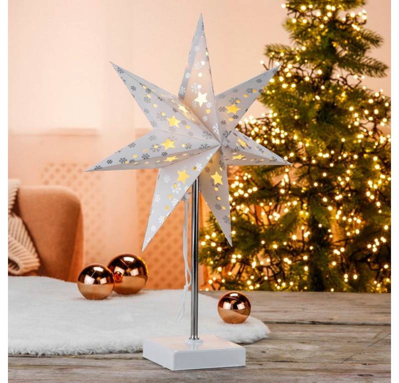 Haushalt International LED Tischleuchte Papierstern leuchtend mit silber Schneeflocken, warmweiß, mit 8 warm-weißen LEDs von Haushalt International