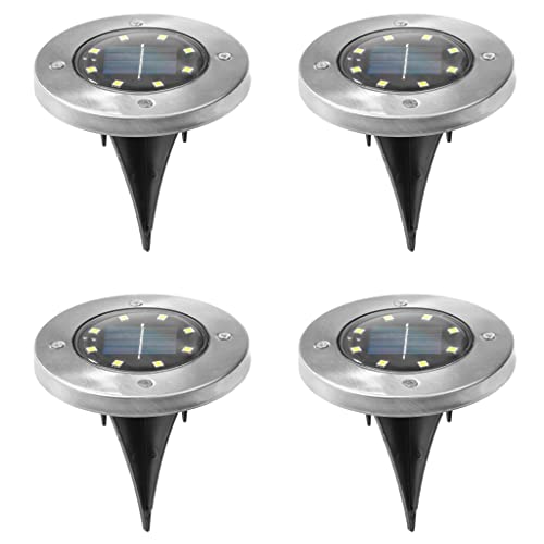 Haushalt International Solarlampe Silber Steckleuchte Außenlampe rund, LED Terrassenleuchte Garten Bodenlampe wetterfest, Edelstahl, 8X LED warmweiß, DxH 12x14cm, 4er Set von Haushalt International