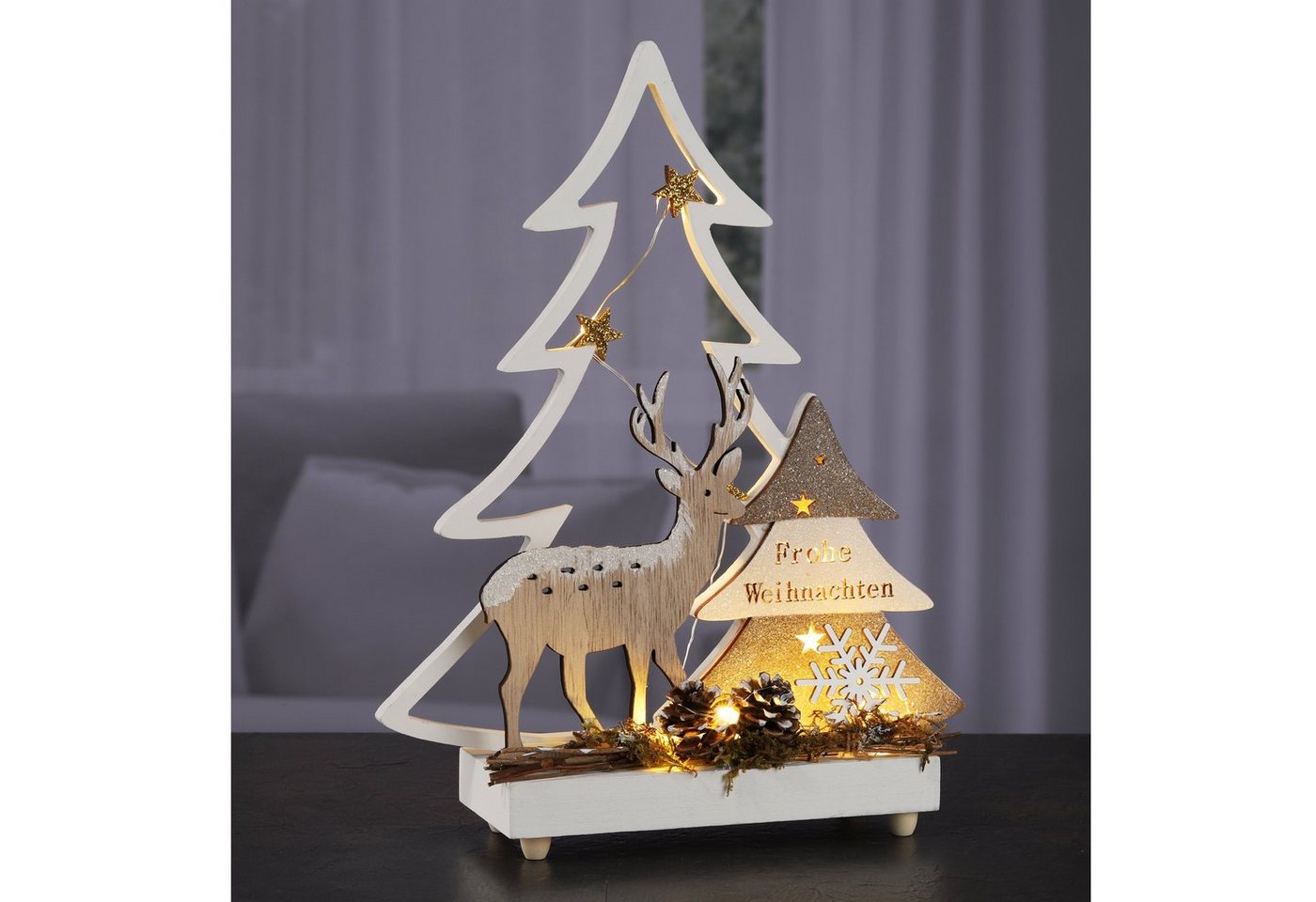 Haushalt International Weihnachtsszene Waldmotiv Hirsch und Baum, 10 LED, Batteriebetrieb von Haushalt International