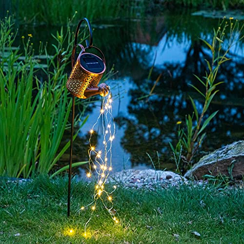 Haushalt International LED Solar Deko Gießkanne mit Lichterkette 36 LEDs Gartenlampe 80 cm hoch Wasserfall Gartenbeleuchtung Garten Dekoration Wegeleuchten Solarlaterne für Außen, Braun von Haushalt International