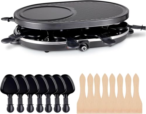 8 Raclette Personen Set Grill rund oval - Tischgrill inkl. Pfännchen & Schaber & Grillplatte & Crepes Funktion 1200 Watt - RUND von HaushaltO