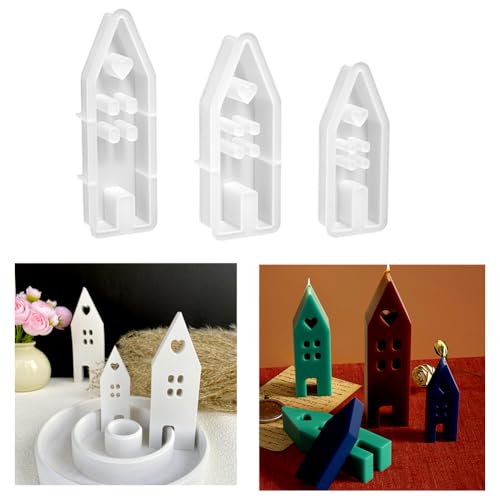 Hausio 3 Stück Silikonform Haus Silikonformen Epoxidharz Silikonform Gießform Haus Häuser Gießformen Silikon Häuser Haus Silikon Gießform Haus Häuser für Sojawachs Kerzen, Seife, Handwerk (3 Pcs) von Hausio
