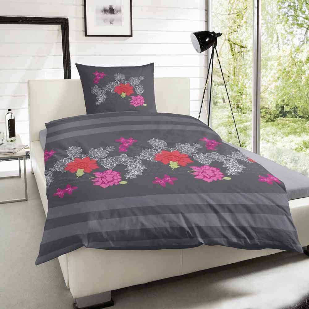 Edelflanell Baumwolle Bettwäsche Grau Streifen Blumen 155x220 + 80x80 von Hausmarke Magita