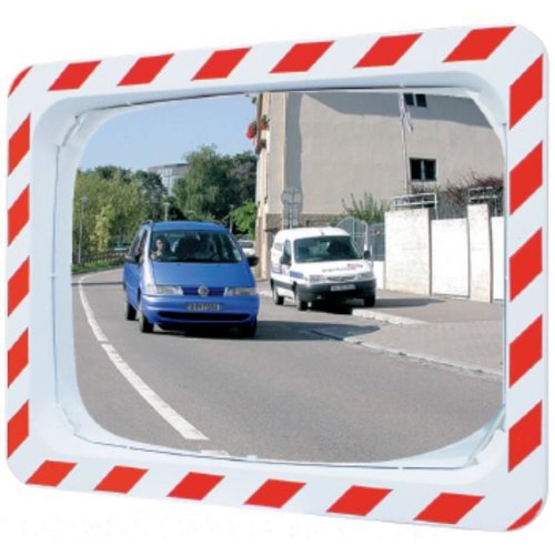 Verkehrsspiegel H600xB800mm Kunststoff,rot/weiß f. 2 Richtungen 20m SPL von Hausmarke