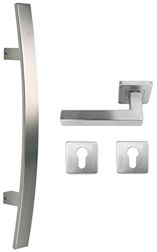 Edelstahl Haustür Beschlag- Set auf quadratischen Rosetten - Griffänge 800mm Edelstahl Haustür Beschlag- Set auf quadratischen Rosetten - Griffänge 800mm von Haustürbeschlag