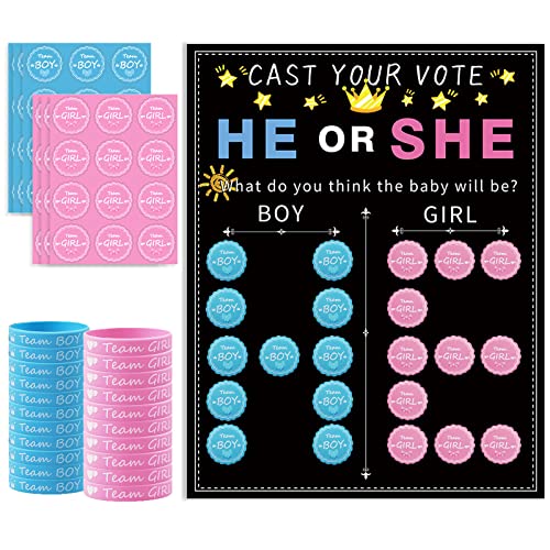 93 Pcs Gender Reveal Party Deko, Geschlecht Verkünden 1 Stück Abstimmung Poster 72 Stück Offenbaren Aufkleber 20 Pcs Team Girl or Boy Deko Silikon Armbänder für Gender Reveal Baby Shower Party von HautStore