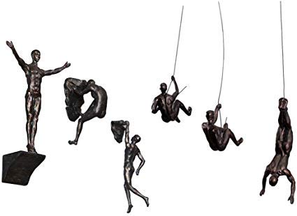 6 x große Bronze-Statuen zum Aufhängen, Kletterer, Abseilen, Figuren aus Kunstharz und Metall, Bungee-Jumping, Abseiling, hängender Mann an Draht befestigt von Haute Collage
