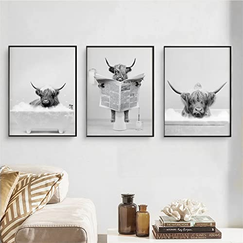 Hava Kolari Lustiges 3er Poster Set, Hochland Kuh Wandkunst Badezimmerbilder Schwarz Weiß Leinwand Bild Deko für Badezimmer Toilette, OHNE Rahmen (30 x 40 cm) von Hava Kolari