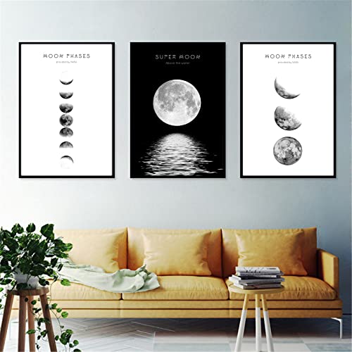 Hava Kolari Poster Set, 3er Set Wandposter Mondphase, Nordic Poster Modern Schwarz Weiß Bilder Wandbilder Poster Set für Wohnzimmer, Schlafzimmer Deko (50x70 cm,A) von Hava Kolari