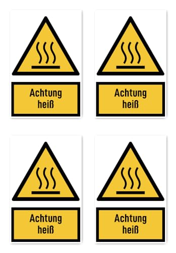 Aufkleber: 112.5x75 mm, 4 Stück - Achtung heiß - Warnzeichen mit Text (deutsch) (gelb/schwarz) - hochkant - W017 - DIN EN ISO 7010 / ASR A1.3 von Havati