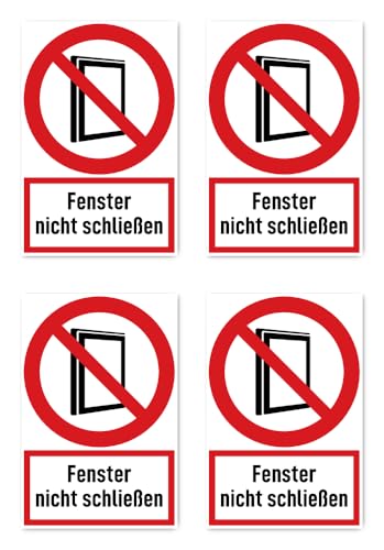 Aufkleber: 112.5x75 mm, 4 Stück - Fenster nicht schließen - Verbotszeichen mit Text (deutsch) (rot/weiß) - hochkant - DIN EN ISO 7010 / ASR A1.38 von Havati