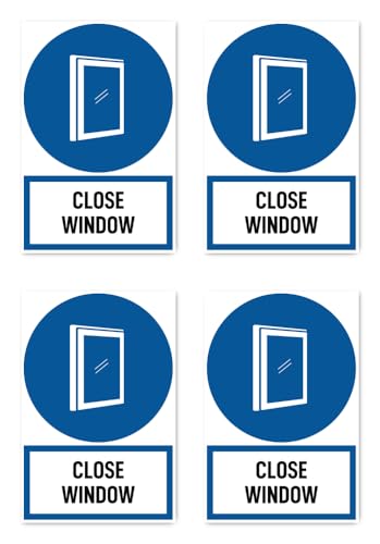 Aufkleber: 112.5x75 mm, 4 Stück - Fenster schließen - Sprache: englisch - Gebotszeichen mit Text (blau/weiß) - hochkant - DIN EN ISO 7010 von Havati