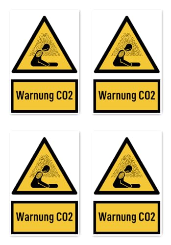 Aufkleber: 112.5x75 mm, 4 Stück - Warnung CO2 - Warnzeichen mit Text (deutsch) (gelb/schwarz) - hochkant - W041 - DIN EN ISO 7010 / ASR A1.3 von Havati