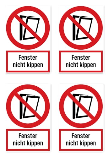 Aufkleber: 150x100 mm, 4 Stück - Fenster nicht kippen - Verbotszeichen mit Text (deutsch) (rot/weiß) - hochkant - DIN EN ISO 7010 / ASR A1.41 von Havati
