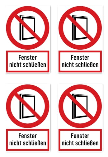 Aufkleber: 150x100 mm, 4 Stück - Fenster nicht schließen - Verbotszeichen mit Text (deutsch) (rot/weiß) - hochkant - DIN EN ISO 7010 / ASR A1.38 von Havati