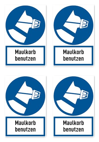 Aufkleber: 150x100 mm, 4 Stück - Hunde Maulkorb benutzen - Gebotszeichen mit Text (deutsch) (blau/weiß) - hochkant - DIN EN ISO 7010 / ASR A1.3 von Havati