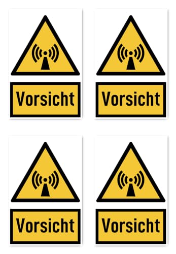 Aufkleber: 150x100 mm, 4 Stück - Signalwort Vorsicht vor nicht ionisierender Strahlung - Warnzeichen mit Text (deutsch) (gelb/schwarz) - hochkant - W005 - DIN EN ISO 7010 / ASR A1.3 von Havati