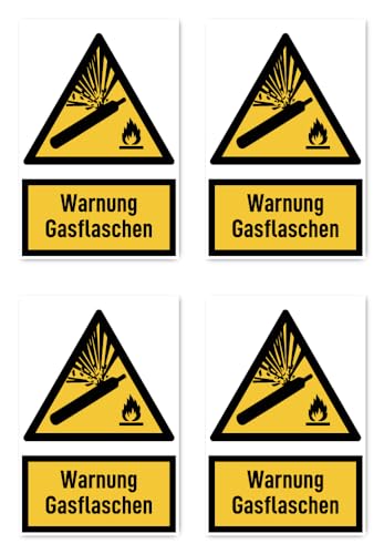 Aufkleber: 150x100 mm, 4 Stück - Warnung Gasflaschen - Warnzeichen mit Text (deutsch) (gelb/schwarz) - hochkant - W029 - DIN EN ISO 7010 / ASR A1.3 von Havati