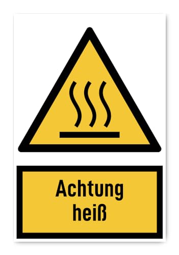 Aufkleber: 300x200 mm, 1 Stück - Achtung heiß - Warnzeichen mit Text (deutsch) (gelb/schwarz) - hochkant - W017 - DIN EN ISO 7010 / ASR A1.3 von Havati