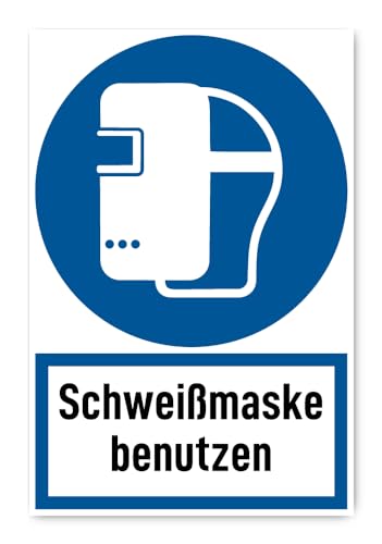 Aufkleber: 300x200 mm, 1 Stück - Schweißmaske benutzen - Gebotszeichen mit Text (deutsch) (blau/weiß) - hochkant - M019 - DIN EN ISO 7010 / ASR A1.3 von Havati
