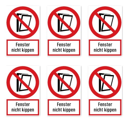 Aufkleber: 75x50 mm, 6 Stück - Fenster nicht kippen - Verbotszeichen mit Text (deutsch) (rot/weiß) - hochkant - DIN EN ISO 7010 / ASR A1.41 von Havati