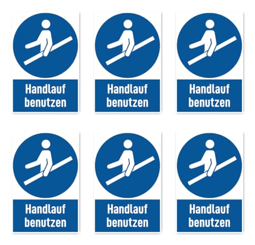 Aufkleber: 75x50 mm, 6 Stück - Handlauf benutzen - Gebotszeichen mit Text (deutsch) (blau/weiß) - hochkant - M012 - DIN EN ISO 7010 / ASR A1.3 von Havati