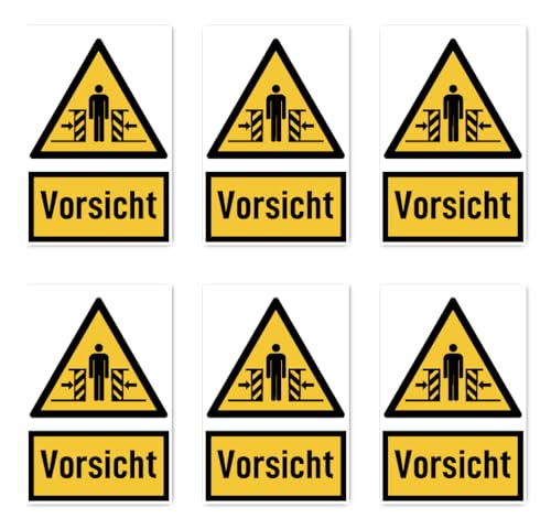 Aufkleber: 75x50 mm, 6 Stück - Signalwort Vorsicht vor Quetschgefahr - Warnzeichen mit Text (deutsch) (gelb/schwarz) - hochkant - W019 - DIN EN ISO 7010 / ASR A1.3 von Havati