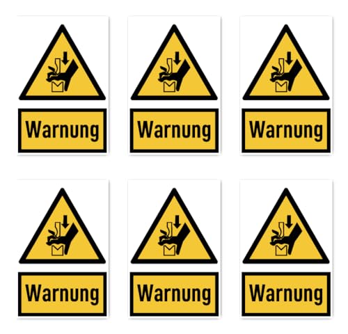 Aufkleber: 75x50 mm, 6 Stück - Signalwort Warnung Quetschgefahr Hand zwischen Werkzeugen einer Presse - Warnzeichen mit Text (deutsch) (gelb/schwarz) - hochkant - W030 - DIN EN ISO 7010 / ASR A1.3 von Havati