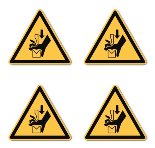 Warnung vor Quetschgefahr der Hand zwischen Werkzeugen einer Presse: W030 - DIN EN ISO 7010 / ASR A1.3 - Aufkleber: 10 cm, 4 Stück von Havati