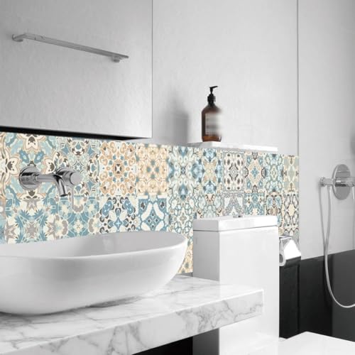 Fliesenaufkleber im marokkanischen Stil, für Küche und Badezimmer, Wanddekoration, Mosaik-Muster, wasserdichtes und ölbeständiges PVC-Material (10 x 10 cm), 24 Stück von HavenDomicile