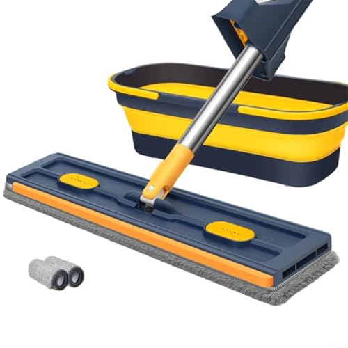 HavenDomicile 360° drehbarer großer, flacher Wischmopp mit verstellbarem Edelstahlgriff für mühelose Reinigung von Fliesen, Hartholz und Fenster (7 blauer Falteimer) von HavenDomicile