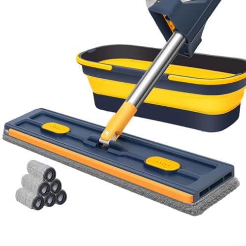 HavenDomicile 360° drehbarer großer, flacher Wischmopp mit verstellbarem Edelstahlgriff für mühelose Reinigung von Fliesen, Hartholz und Fenster (9 blauer faltbarer Eimer) von HavenDomicile
